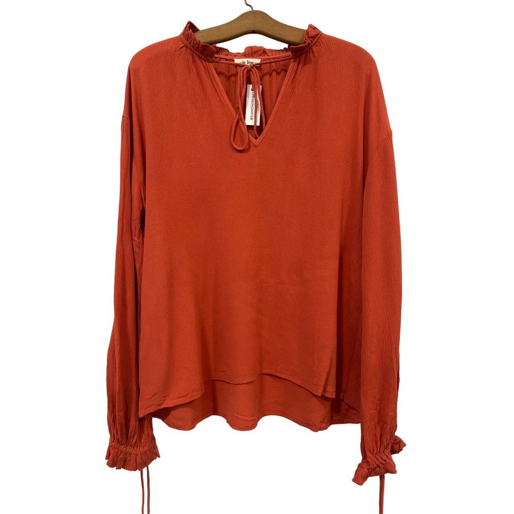 In Loom Crinkled Tie Neck Long Sleeve Blouse Womens L Ruffle Burnt Orange NEW